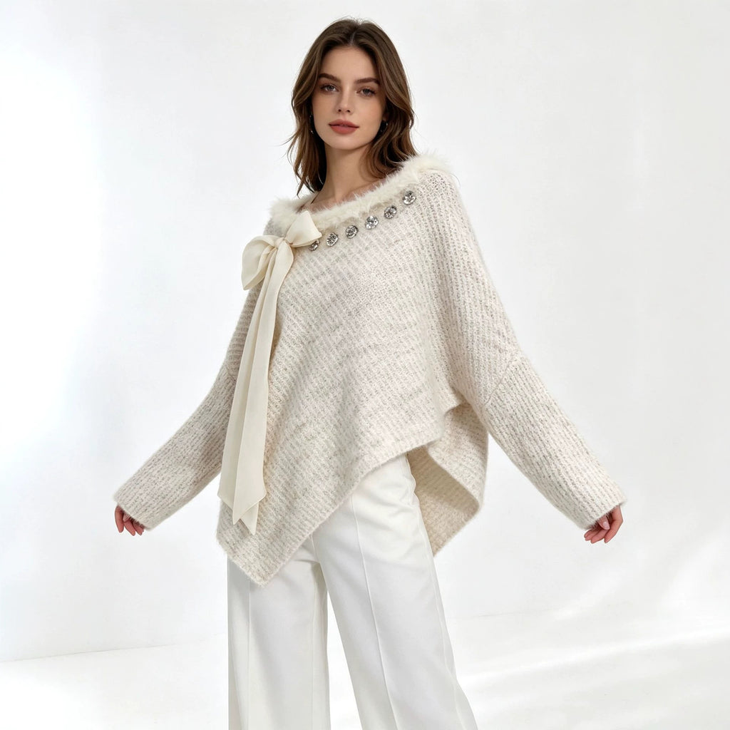 Wind spliced fur collar sequin bow sweater pullover for women