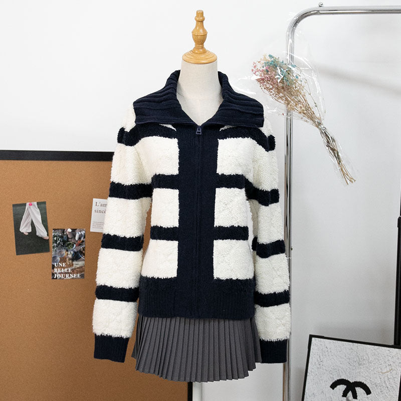 Striped lapel cardigan loose sweater