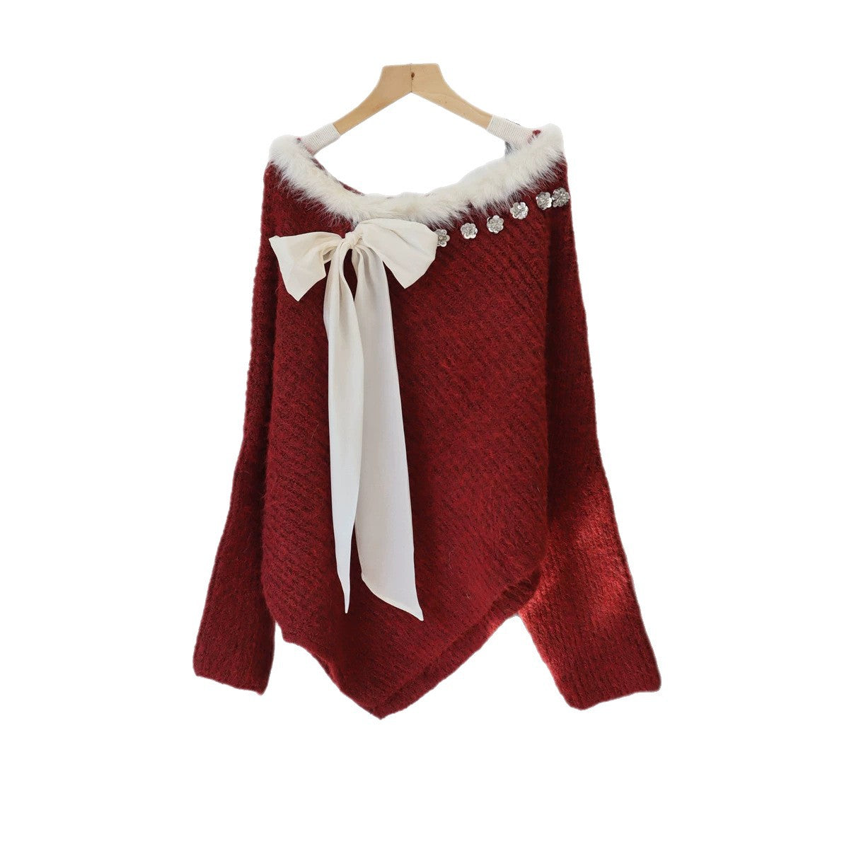 Wind spliced fur collar sequin bow sweater pullover for women