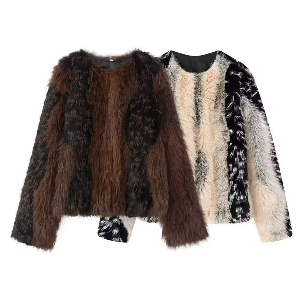 Round neck long sleeved printed faux fur jacket for women