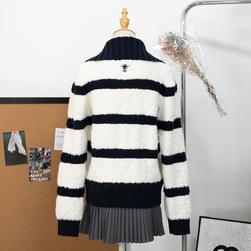 Striped lapel cardigan loose sweater