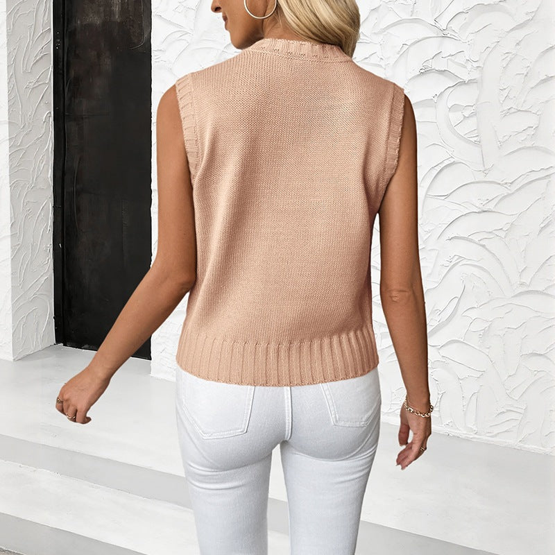 Women's Solid Color Cable Knit Sleeveless Round Neck Sweater Vest