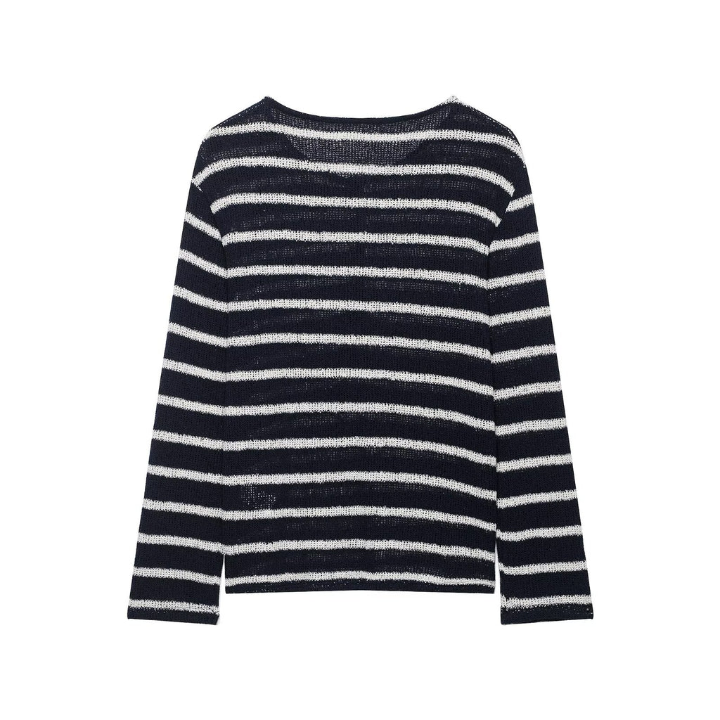 Versatile striped button small open neck knitted sweater for women