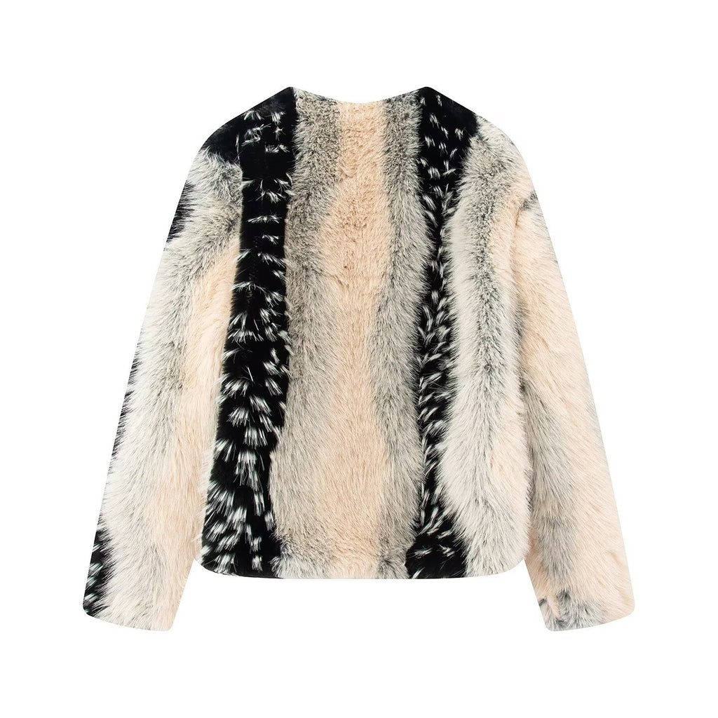 Round neck long sleeved printed faux fur jacket for women