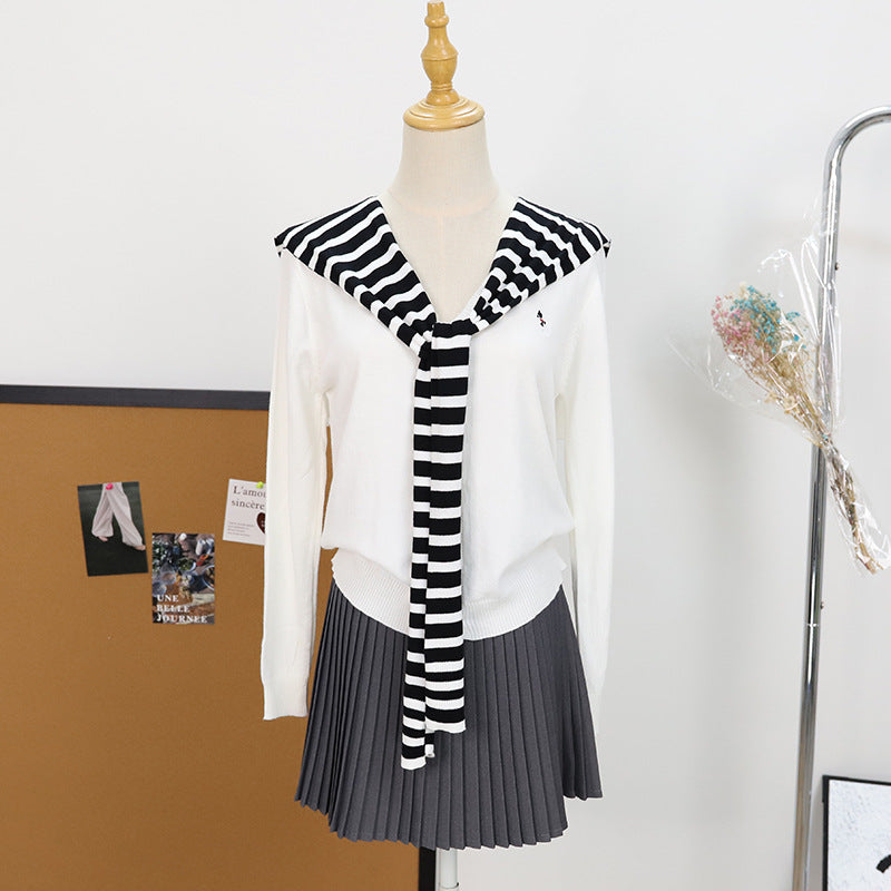 Striped shawl long sleeved V-neck cardigan sweater