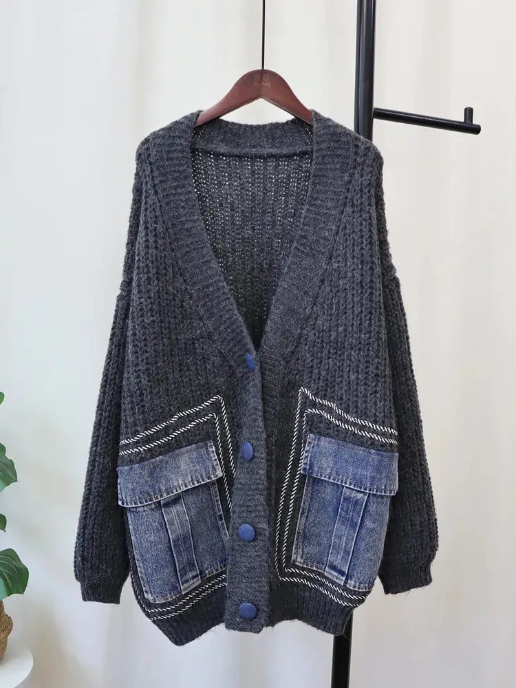 V-Neck Loose Cardigan Women Long Sleeve Single Breasted Pockets Sweater Coat Women's Clothing Autumn Winter