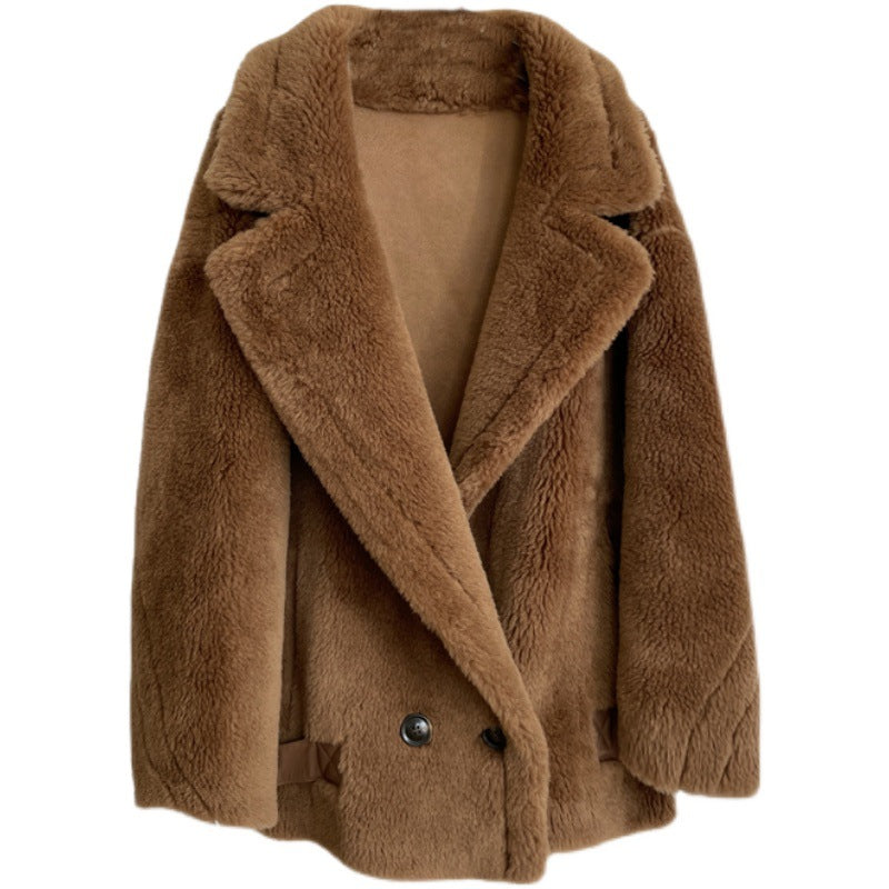 Winter New Wool Short Jackets Women Notched Collar Double Breasted Solid Color Thick Coat Fashion Clothing