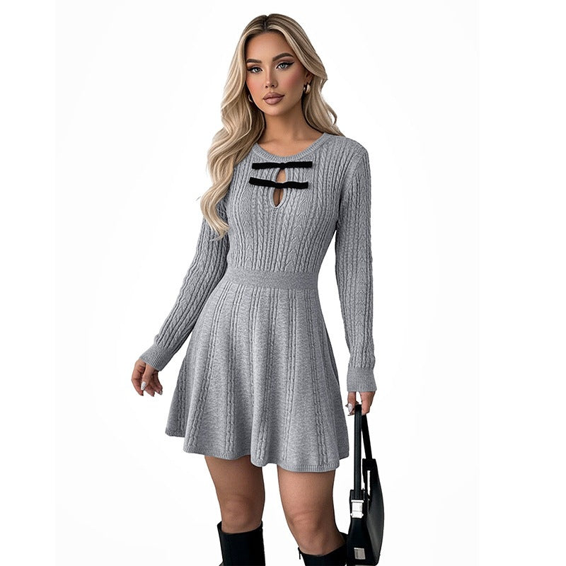Solid Gray Long Sleeve Textured Knit Slim Fit Dress