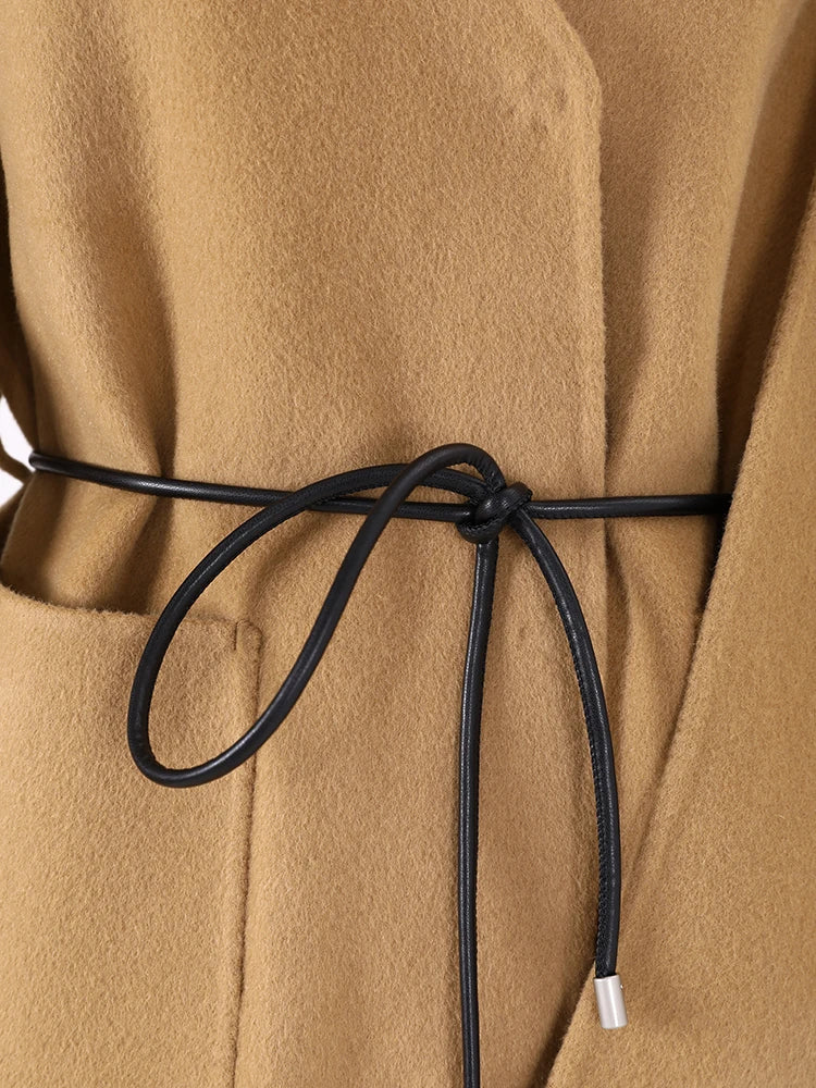 Winter New Long Woolen Coat Women Tassel Scarf Collar Belt Gathered Waist Solid Color Fashion Clothing