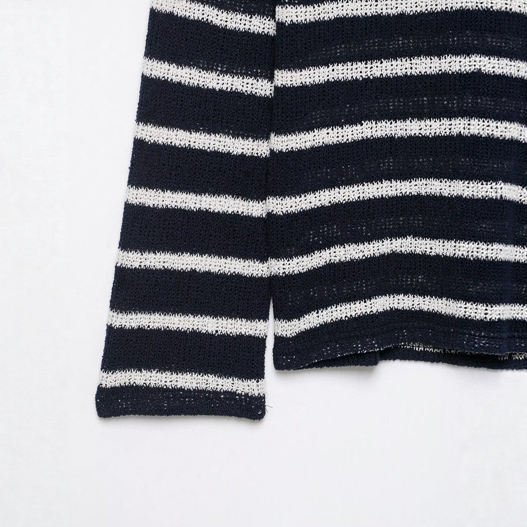 Versatile striped button small open neck knitted sweater for women