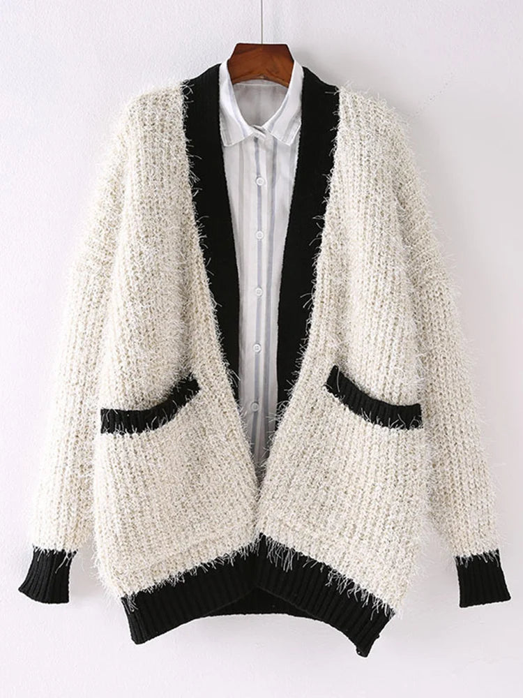 Knitting Contrast Color Sweater For For Women Long Sleeves Korean Fashion Open Stitch Casual Clothing