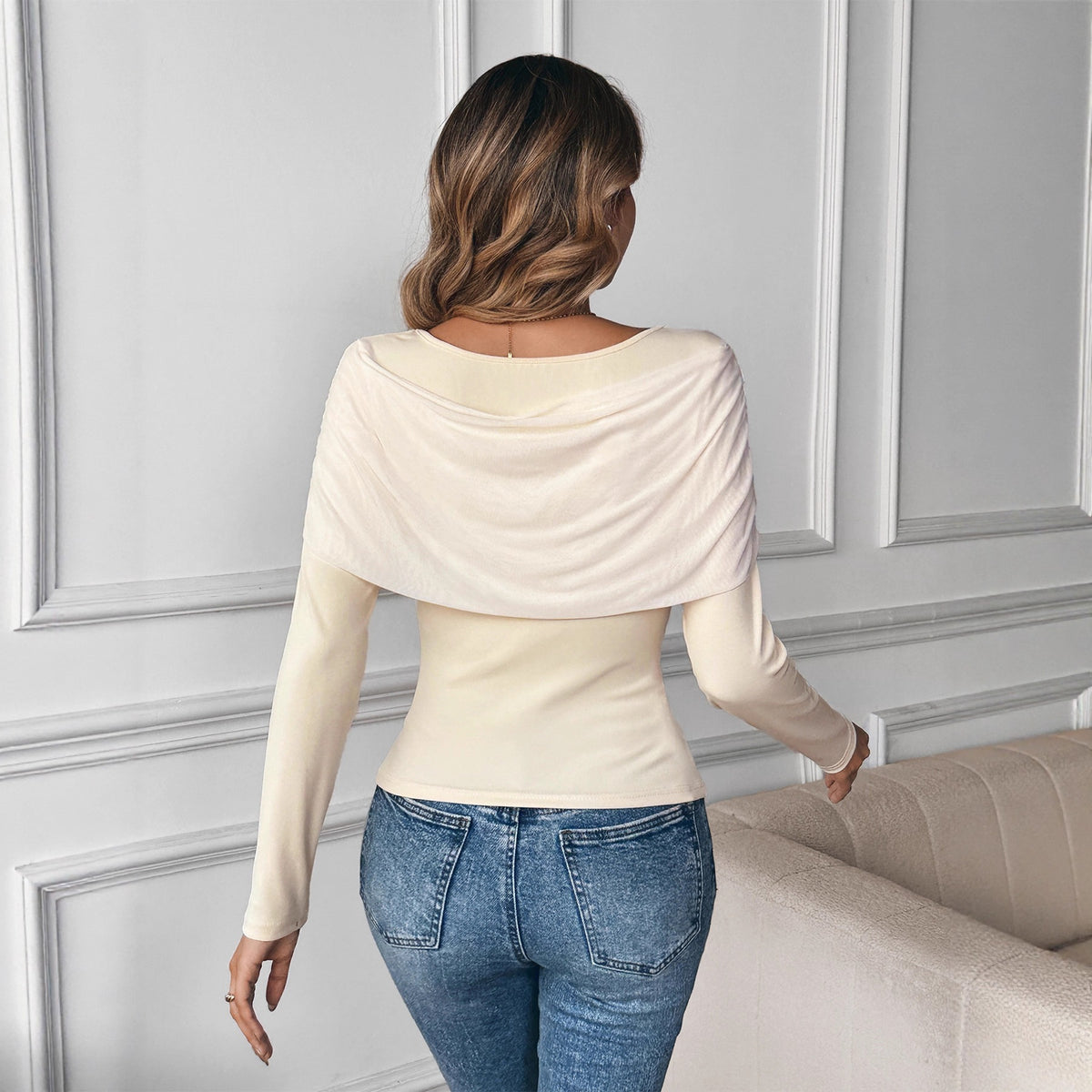 Spliced Ruffle Long Sleeve Off Shoulder T-Shirt
