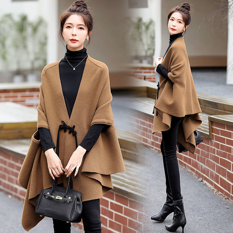 Winter New Woolen Coat Women V Neck Batwing Sleeves Bandage Design Solid Color Loose Clothing Fashion