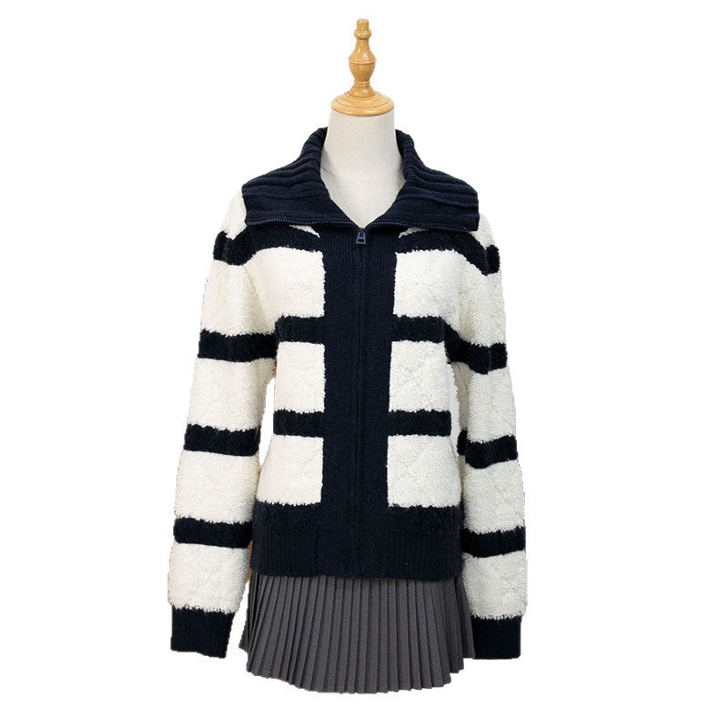 Striped lapel cardigan loose sweater