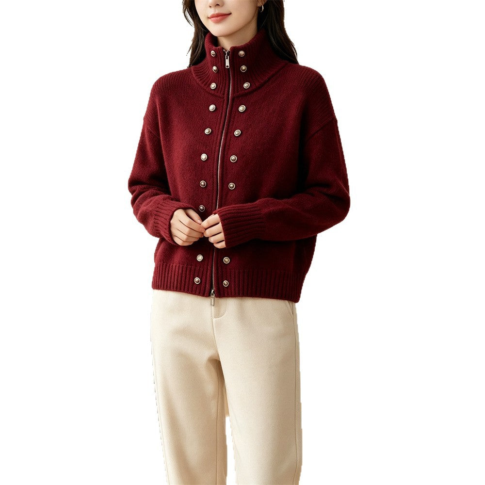 Double row decorative buckle solid color zipper sweater