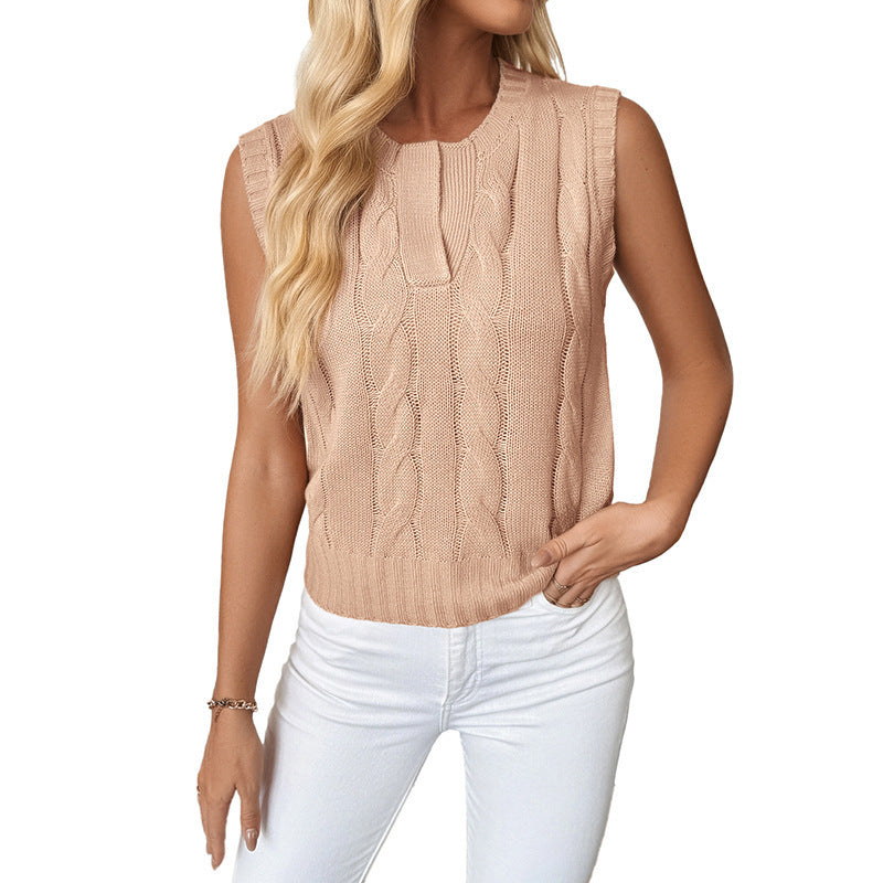 Women's Solid Color Cable Knit Sleeveless Round Neck Sweater Vest