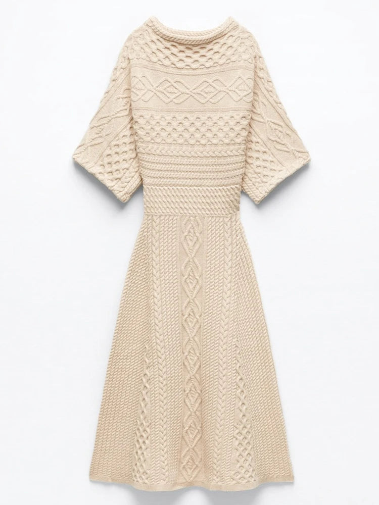 Solid Temperament Dresses For Women Round Neck Half Sleeve High Waist Casual Knitting Dress Female Fashion Clothing