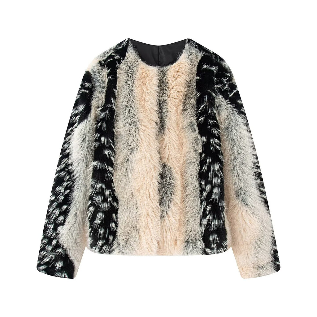 Round neck long sleeved printed faux fur jacket for women