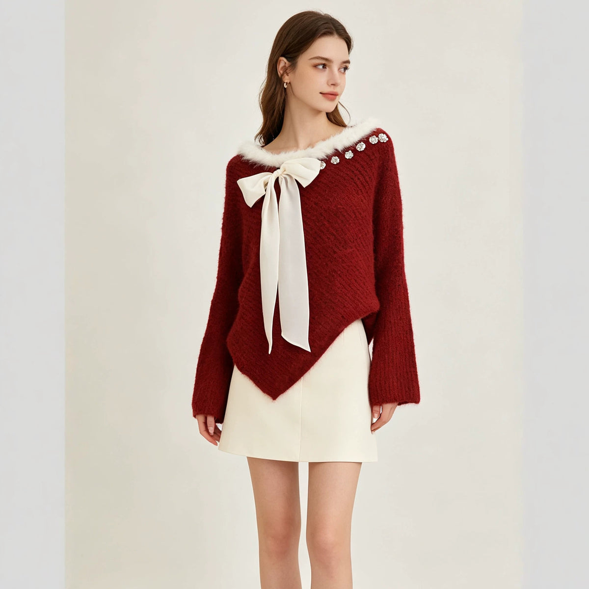 Wind spliced fur collar sequin bow sweater pullover for women