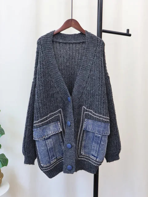V-Neck Loose Cardigan Women Long Sleeve Single Breasted Pockets Sweater Coat Women's Clothing Autumn Winter