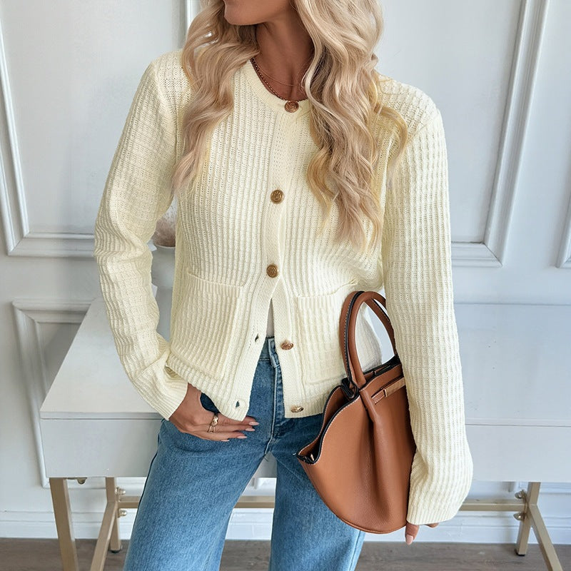 Solid Color Metal Button Short Knit Cardigan Sweater for Women