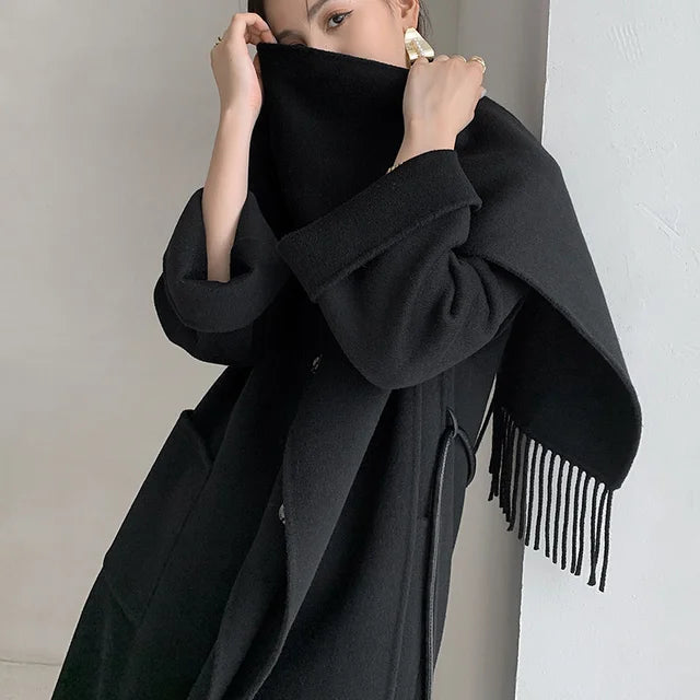 Winter New Long Woolen Coat Women Tassel Scarf Collar Belt Gathered Waist Solid Color Fashion Clothing