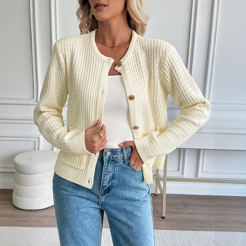 Solid Color Metal Button Short Knit Cardigan Sweater for Women