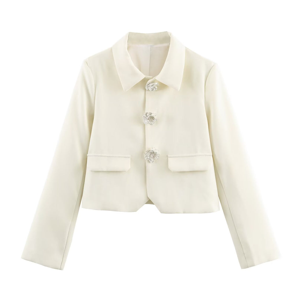 Pocket flap three-dimensional flower button suit jacket for women