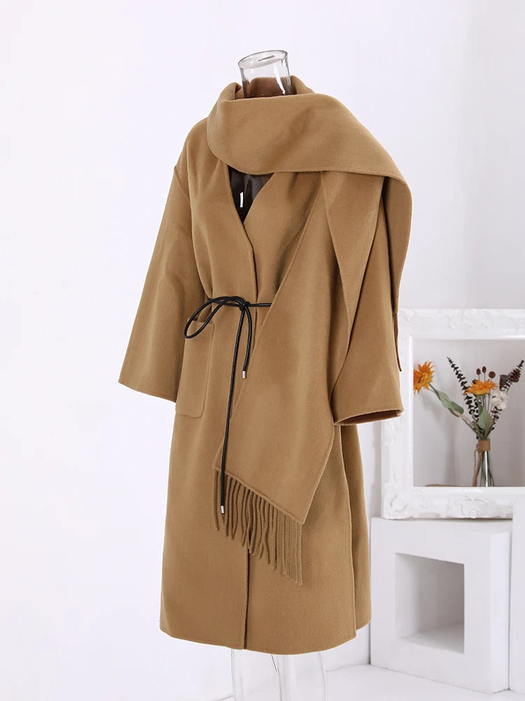 Winter New Long Woolen Coat Women Tassel Scarf Collar Belt Gathered Waist Solid Color Fashion Clothing