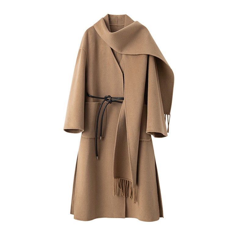 Winter New Long Woolen Coat Women Tassel Scarf Collar Belt Gathered Waist Solid Color Fashion Clothing