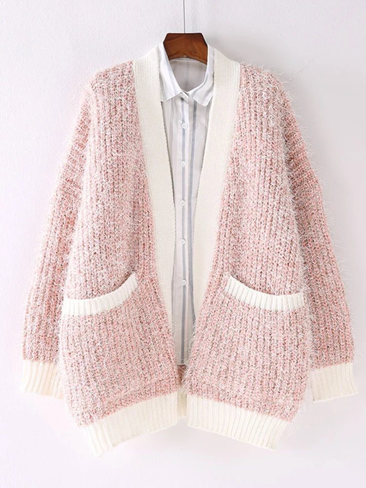 Knitting Contrast Color Sweater For For Women Long Sleeves Korean Fashion Open Stitch Casual Clothing