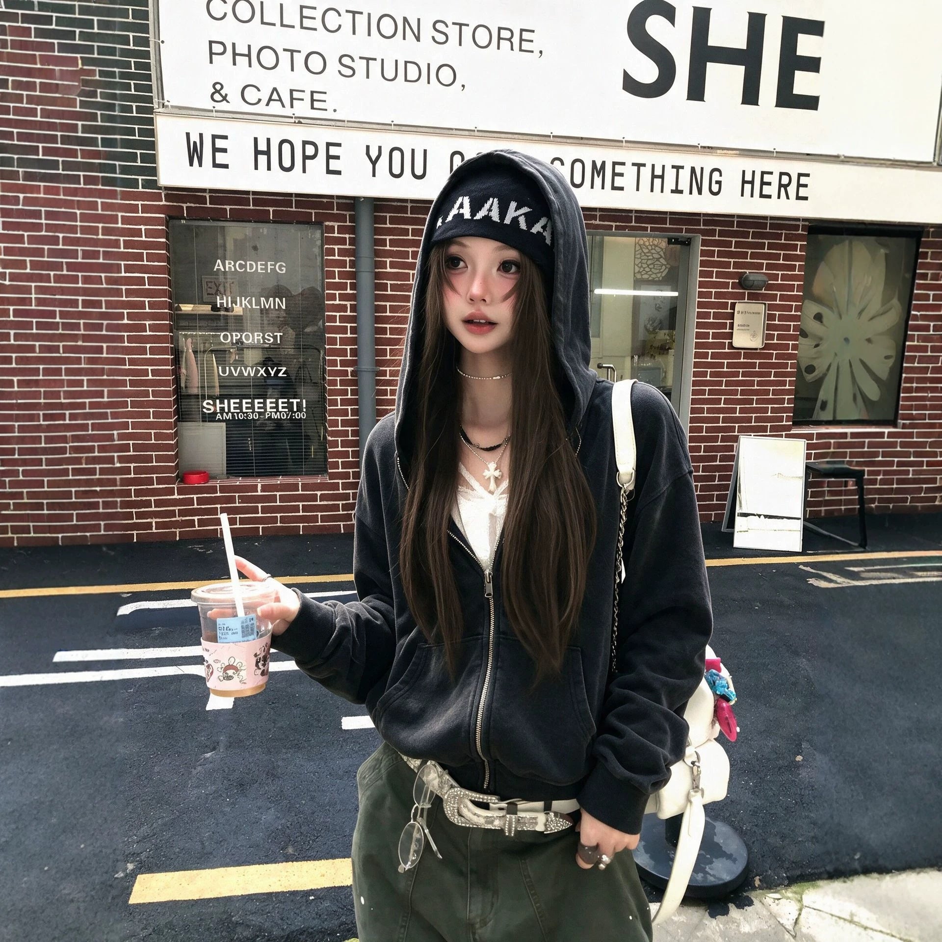 Washed Distressed Black Hooded Sweatshirt Jacket for Women