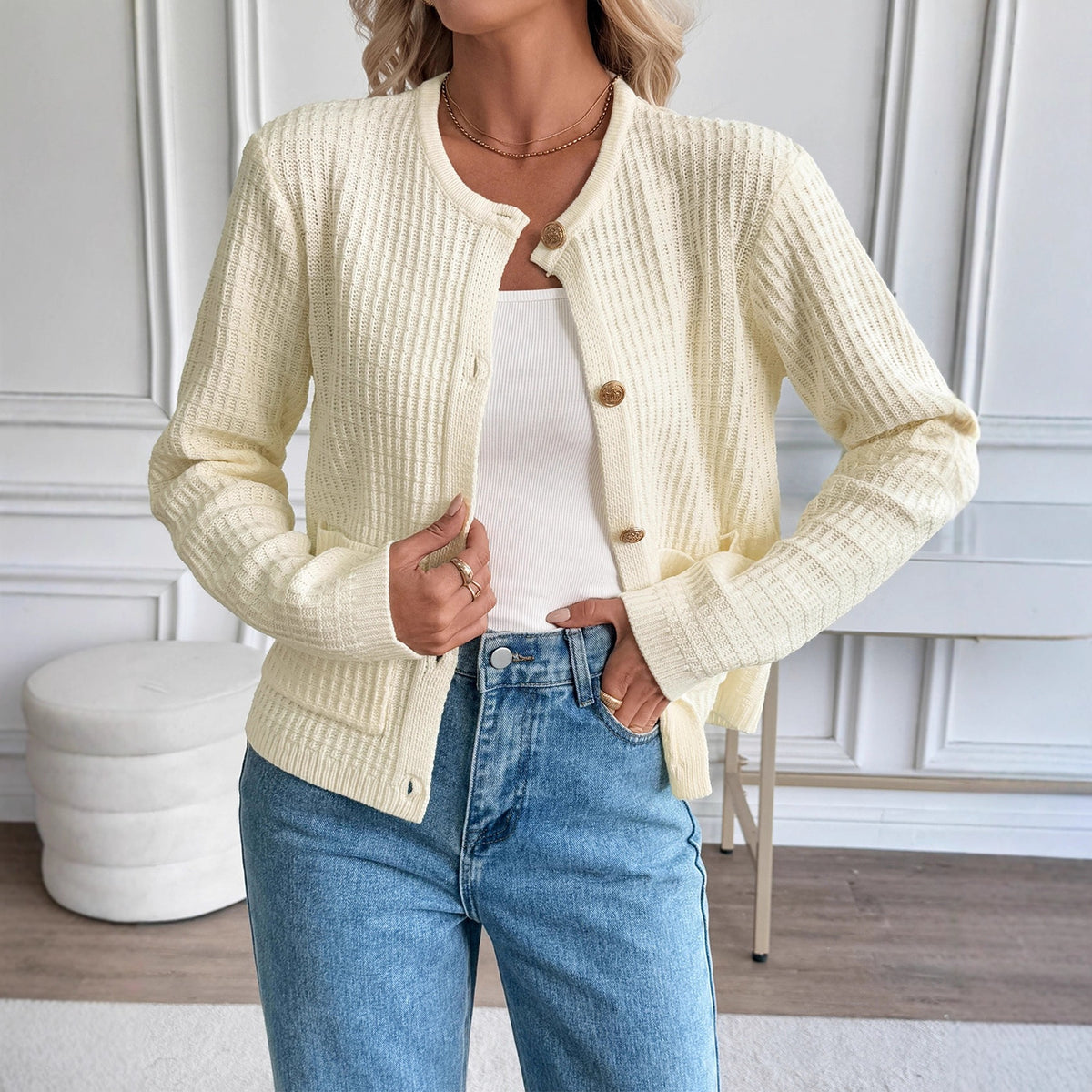 Solid Color Metal Button Short Knit Cardigan Sweater for Women