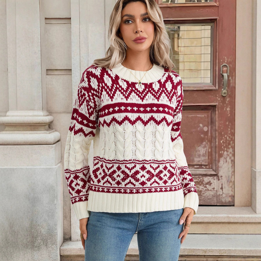 Vintage Jacquard Relaxed Fit Pullover Sweater for Women