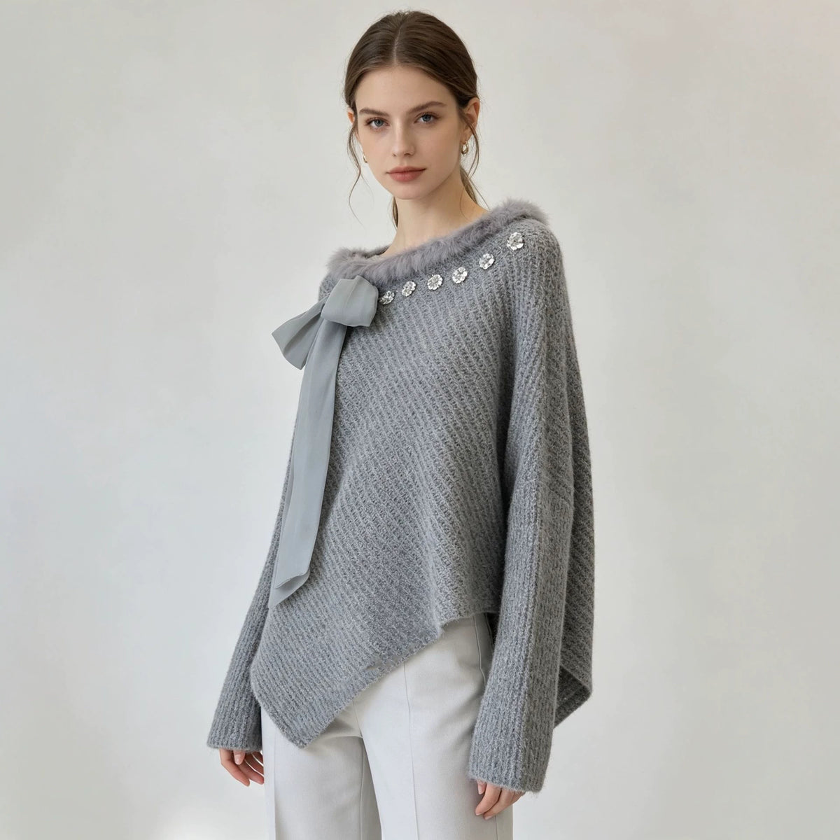 Wind spliced fur collar sequin bow sweater pullover for women