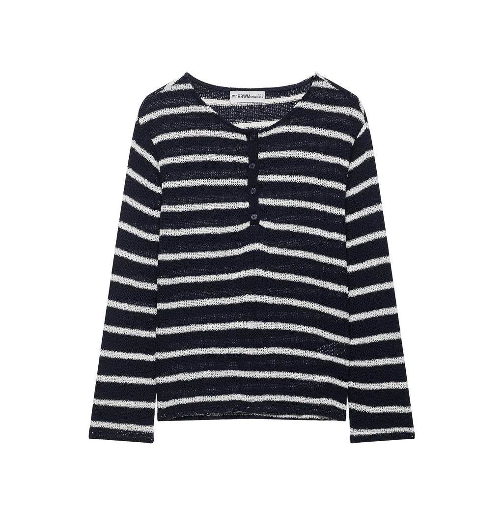 Versatile striped button small open neck knitted sweater for women