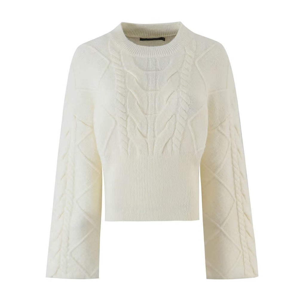 Straight sleeve Fried Dough Twists waist round neck knit sweater women