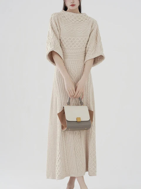 Solid Temperament Dresses For Women Round Neck Half Sleeve High Waist Casual Knitting Dress Female Fashion Clothing