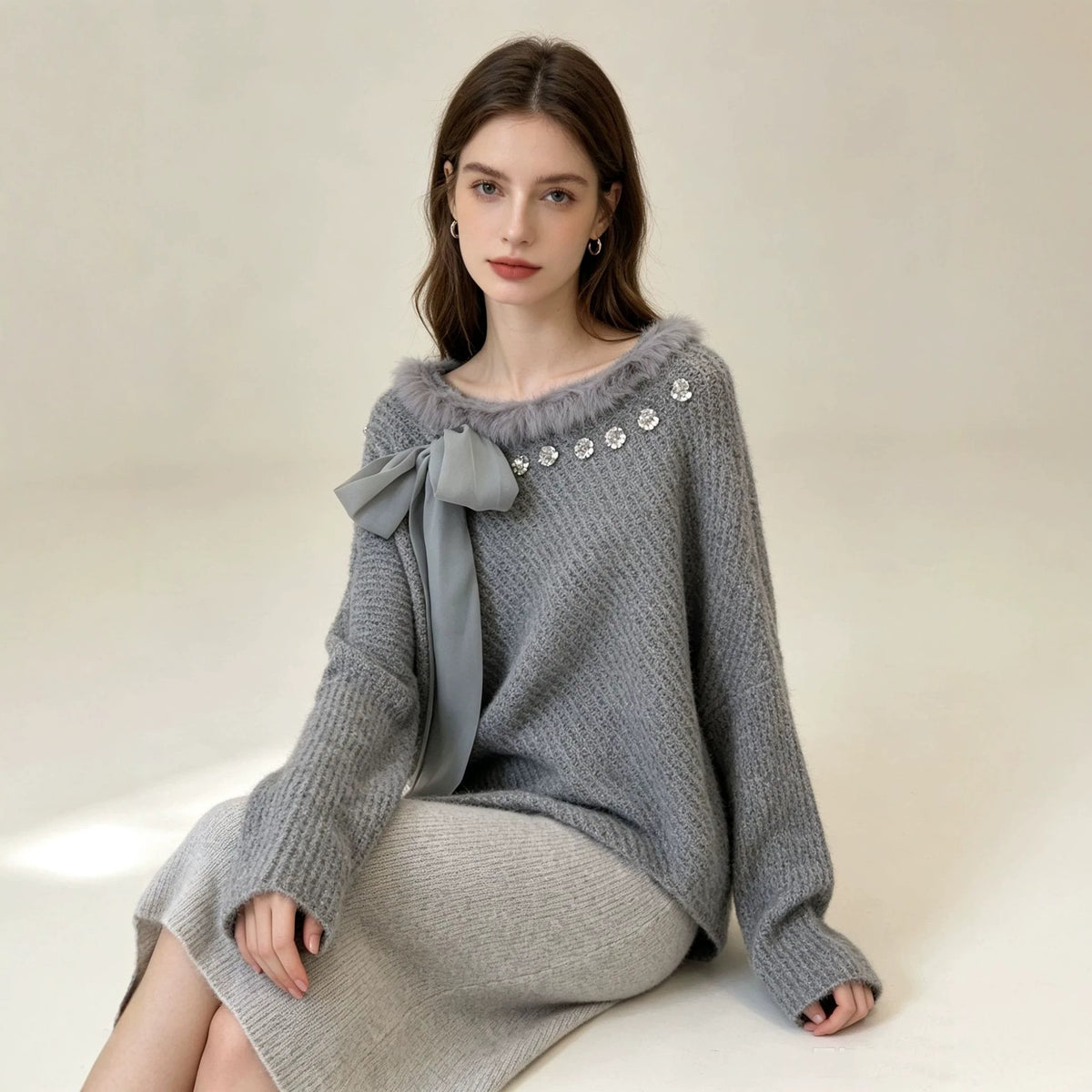 Wind spliced fur collar sequin bow sweater pullover for women
