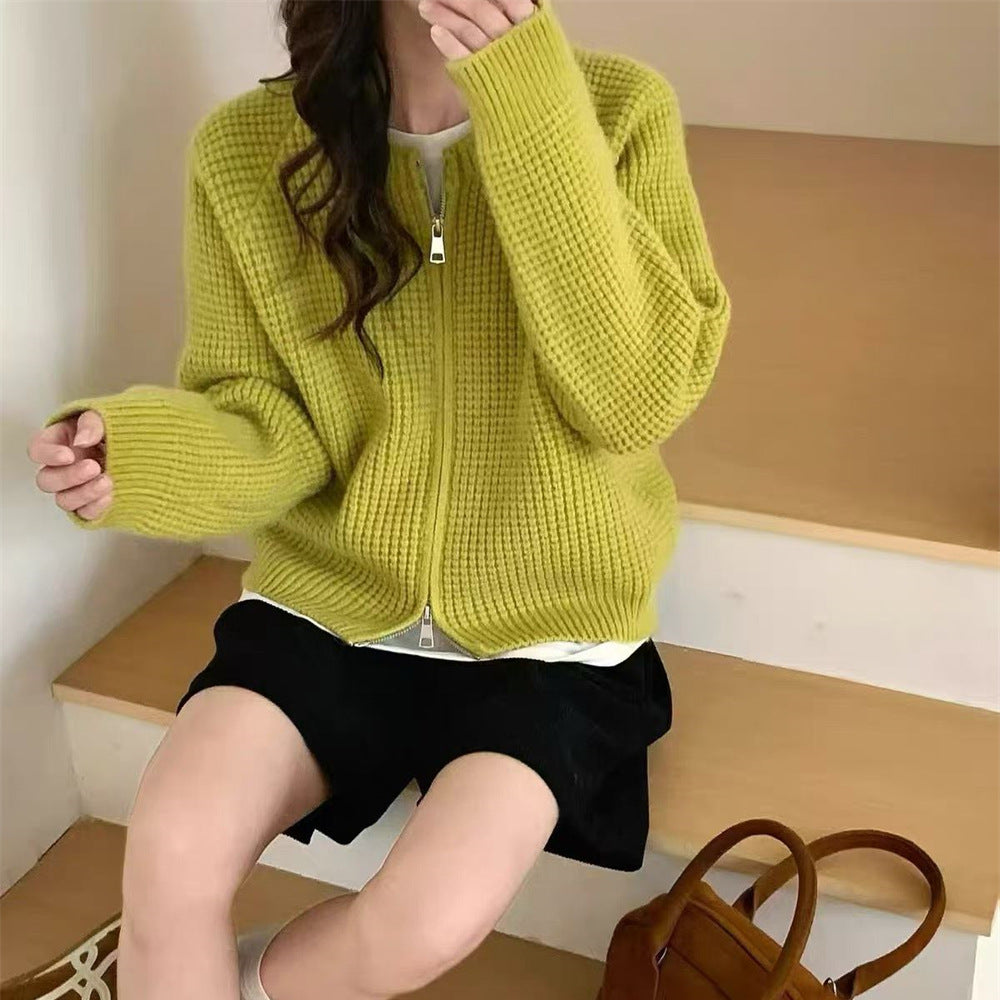 Round neck double zipper short sweater