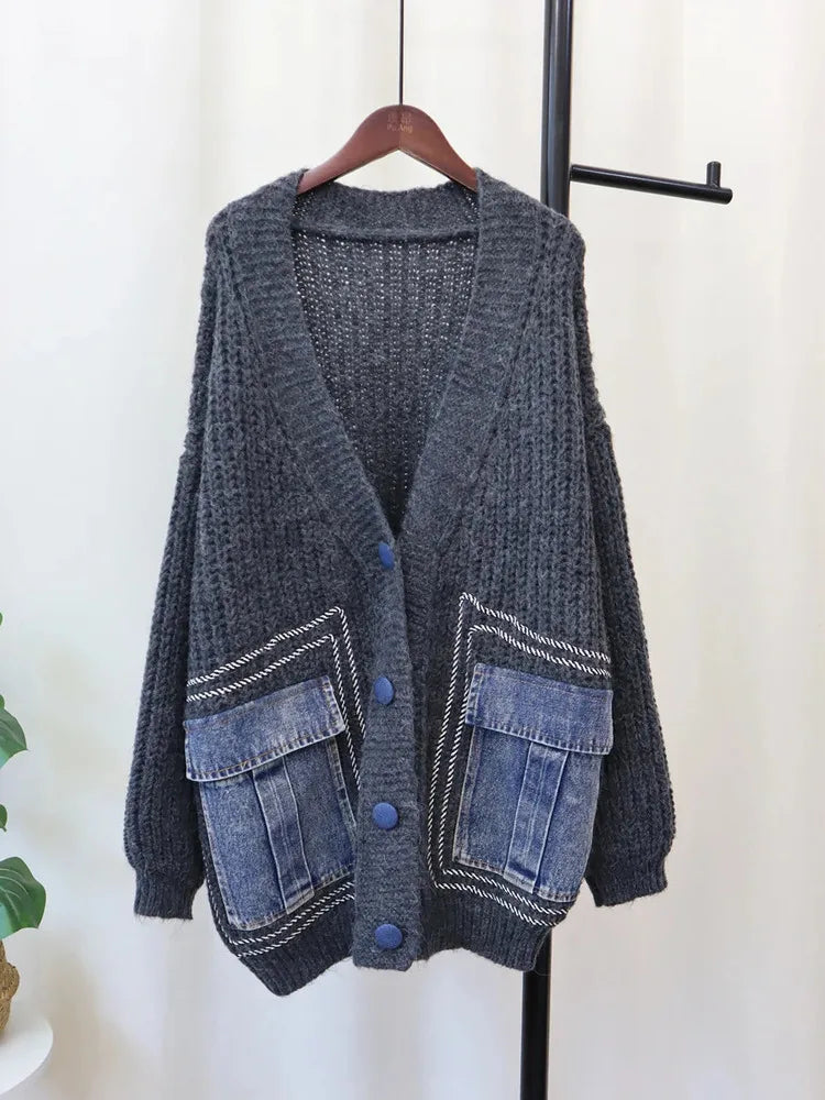 V-Neck Loose Cardigan Women Long Sleeve Single Breasted Pockets Sweater Coat Women's Clothing Autumn Winter
