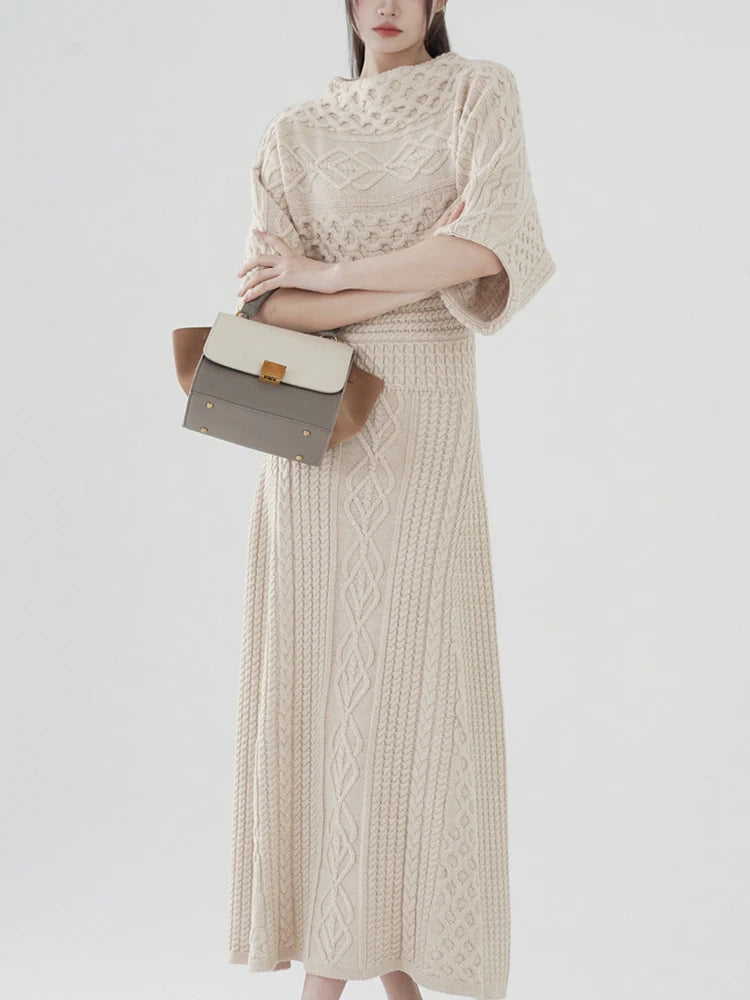 Solid Temperament Dresses For Women Round Neck Half Sleeve High Waist Casual Knitting Dress Female Fashion Clothing