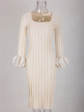 Splicing Knitting Elegant Dresses For Women Square Collar Petal Border Long Sleeve Dress New Spring Clothing