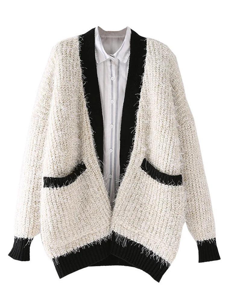 Knitting Contrast Color Sweater For For Women Long Sleeves Korean Fashion Open Stitch Casual Clothing