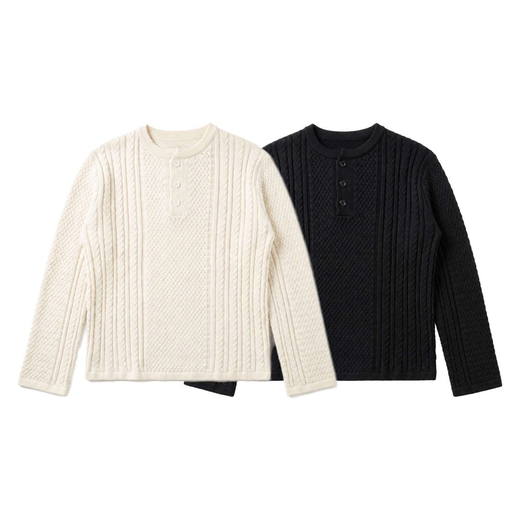 Pattern Henley Neck Coarse Knit Cable Knit Long Sleeve Sweater Men