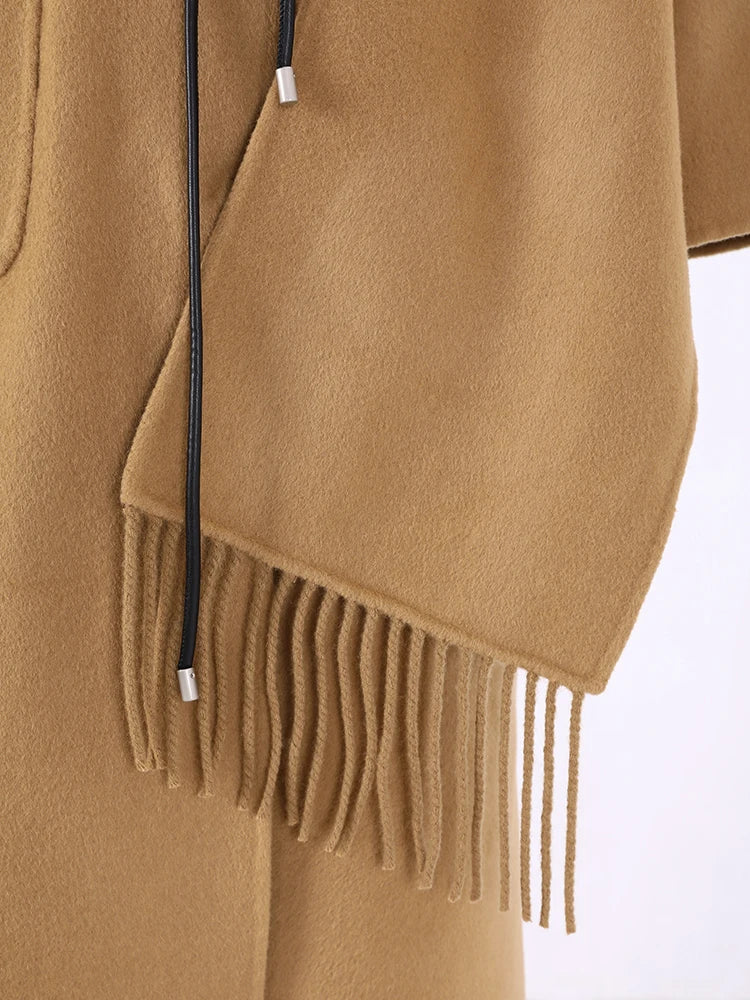 Winter New Long Woolen Coat Women Tassel Scarf Collar Belt Gathered Waist Solid Color Fashion Clothing