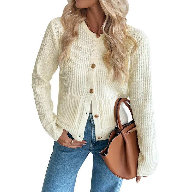 Solid Color Metal Button Short Knit Cardigan Sweater for Women
