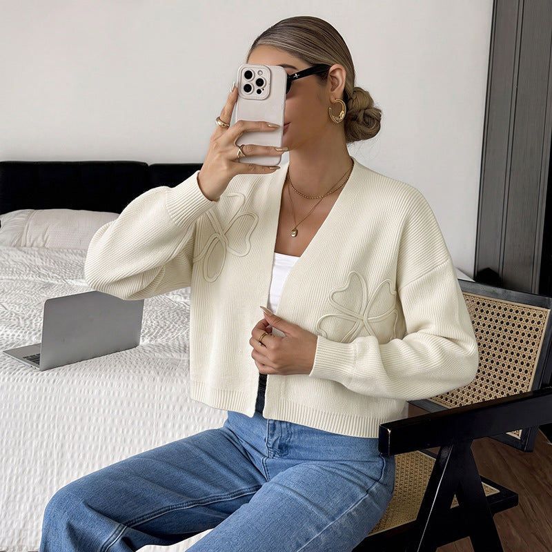 Solid color loose embroidered long sleeved cardigan sweater
