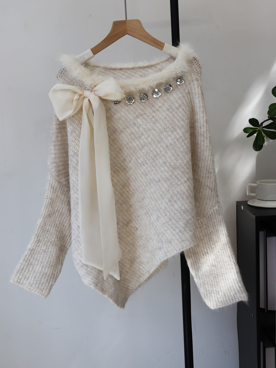 Wind spliced fur collar sequin bow sweater pullover for women
