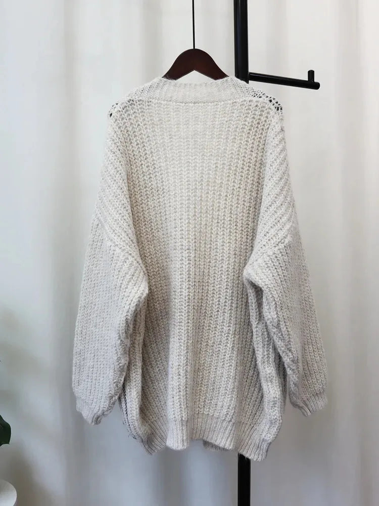 V-Neck Loose Cardigan Women Long Sleeve Single Breasted Pockets Sweater Coat Women's Clothing Autumn Winter